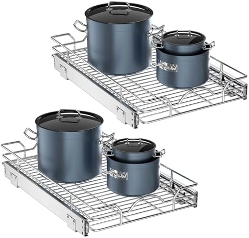 Pull Out Cabinet Organizer 2 Pack (15" W x 21" D), Pull out Shelves 1 Tier, Cabinet Slide Out Shelves for Base Cabinet Organization in Kitchen Bathroom Pantry, Bottom Mount, Chrome Finish