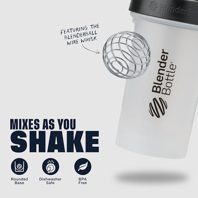 BlenderBottle Classic V2 Shaker Bottle Perfect for Protein Shakes and Pre Workout, 45-Ounce, Clear/Black