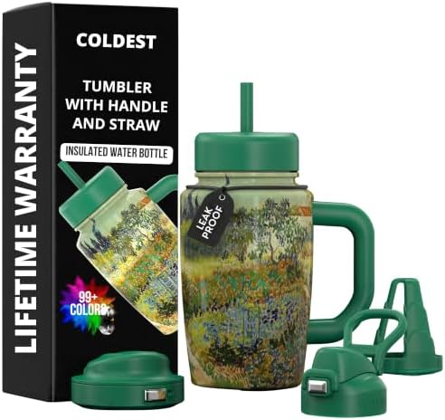 Coldest Tumbler with Handle & Coffee Lid - 100% Spill Proof Tumbler (3 Lids) - Stainless Steel Insulated Leakproof Tumblers for Women & Men - Cup Holder Friendly - 15 oz (Garden at Arles) by Coldest