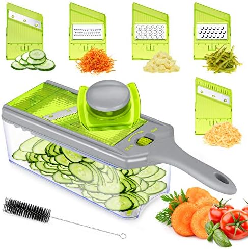 Mandoline Slicer Thickness Adjustable, FITNATE 9 in 1 Vegetable Chopper and Slicer with 5 Replaceable Slicing Blades, Cheese Slicer Salad Chopper with Container, Great for Salad and Cheese by FITNATE