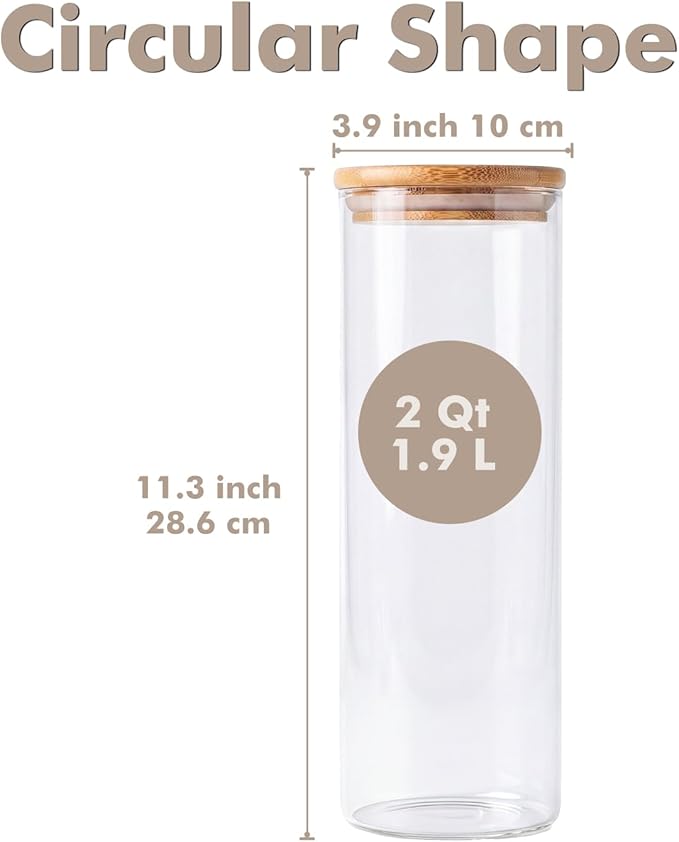 3-Pack 2Qt Round Glass Spaghetti Jars with Bamboo Lids, Tall Food Storage Containers for Pantry Organization, Elegant Kitchen Storage Canister for Pasta, Penne, Macaroni, Lasagna, Fusilli