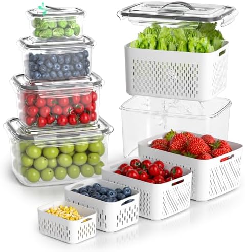 Fruit Storage Containers for Fridge with Colander, Vent, Handle Lids