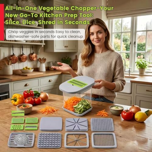 Vegetable Cutter,Food Chopper Manual Hand,for Potato Cutter & Fry Slicer - Functions as Potato Dicer,Onion Dicer,Veggie Shredder with 9 Blades,Easy to Clean, Dishwasher Safe-Essential Kitchen Gadgets - Image 2