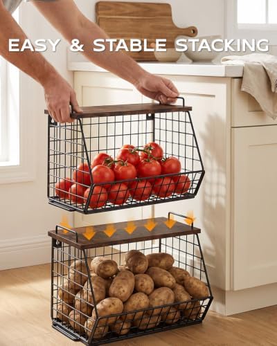 2 Pack Stackable Potato Storage Bins, Extra Large Pantry Organizer and Storage, Fruit Basket for Kitchen Counter, Potato and Onion Storage Bin with Wide Opening, Wall Mounted Vegetable Storage Basket