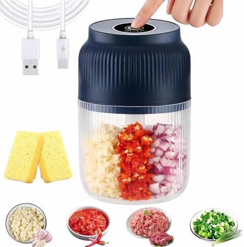 Household Electric Garlic Crusher, 400ml Mini Electric Food Chopper, Portable Mini Food Processor with 6 Blades, Wireless Electric Garlic Chopper for Ginger, Chili, Fruit, Meat, etc (3 Blades Blue) by Unknown