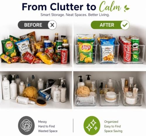 Set of 5 Stackable Fridge Organizers and Storage Bins, 2 Small, 2 Medium & 1 Large Clear Plastic Pantry Organizer Bins with Handles, BPA-Free PET Food Storage Boxes for Kitchen, Freezer & Cabinet