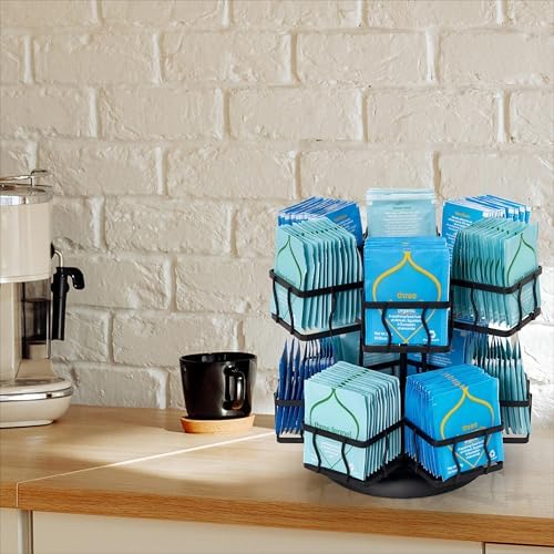 Tea Bag Organizer - Spinning Carousel Holder With 12 Compartments, Up to 140 Tea Bags Storage, Black Powder Coated Stainless Steel