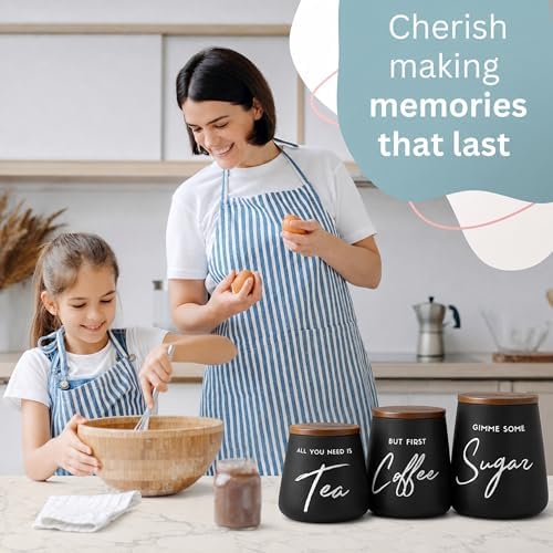Modern Coffee Tea Sugar Container Set, 3pc Ceramic Storage Jar, Matte Black