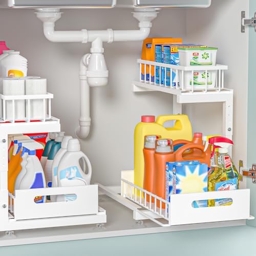 2-Pack L-Shaped Under Sink Organizer, 2-Tier Pull-out Cabinet Rack