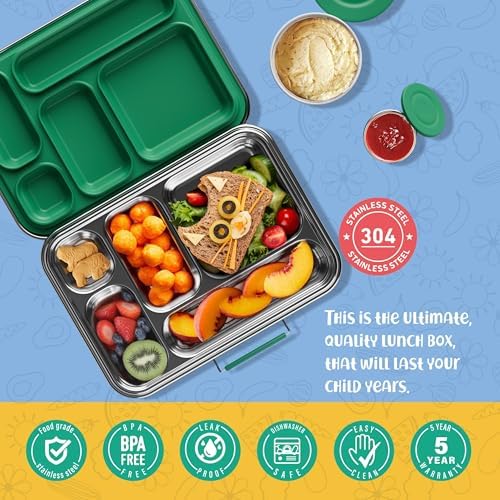 Stainless Steel Bento Box Kids, Kids Metal Bento Lunch Box BPA Free Lunch Box Containers 304 Stainless Steel Bento Box for School and Office(Green)