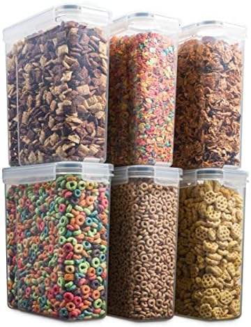 6 Pack Airtight Cereal Food Storage Container - BPA Free Plastic Kitchen and Pantry Organization Canisters for, Dry Pet Food, Flour, Sugar, Rice, Nuts, Snacks & More (135.5 Oz) Labels & Chalk Marker