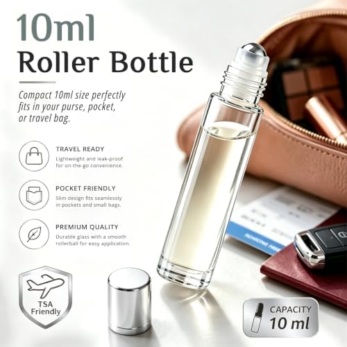 PrettyCare Set of 24, 10 ml Essential Oil Roller Bottles with Stainless Steel Roller Ball - Refillable Leak-proof Empty Thick Clear Glass Roll on Bottles with Silver Metal Caps for Travel, Perfume - Image 4