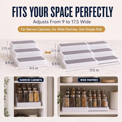 Plastic 3-Tier Expandable Spice Rack, Adjustable Length, Stability with Non-Skid Shelf, For Easy Visibility, Organizer for Kitchen Cabinet, Pantry or Countertop, (2-Pack), White/Grey