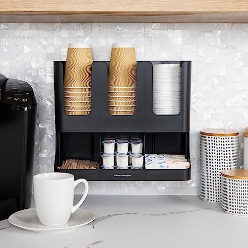 Condiment Station, 13 Inch Countertop Coffee Bar Organizer with 6 Compartments, Storage Caddy for Cups, Lids and Packets, Plastic, Black