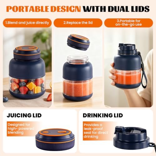 800ml Portable Wireless Juicer Cup with Double Lid, Electric Juicer Cup, Usb Rechargeable, Household Appliances Juicers Blender for Shakes Ice Crushing Fruits & Vegetables, for Travel Gym Offices - Image 3