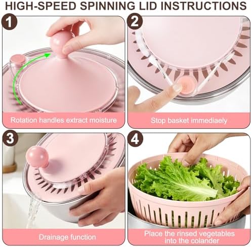 Stainless Steel Salad Spinner Large with 5 Blades Slicer, Lettuce Washer Spinner and Dryer, Vegetable Fruits Chopper Bowl, Egg Yolk Strainer, 5.3Qt Pink
