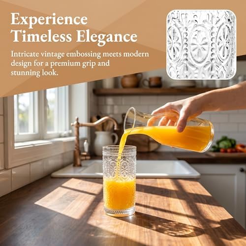 6 Pack Romantic Drinking Glasses, 12 oz Highball Glasses, Thick Water Glasses, Tall Glass Cups for Beverages, Beer, Cocktail, Vintage Glassware Set for Dinner Parties, Bars, Restaurants