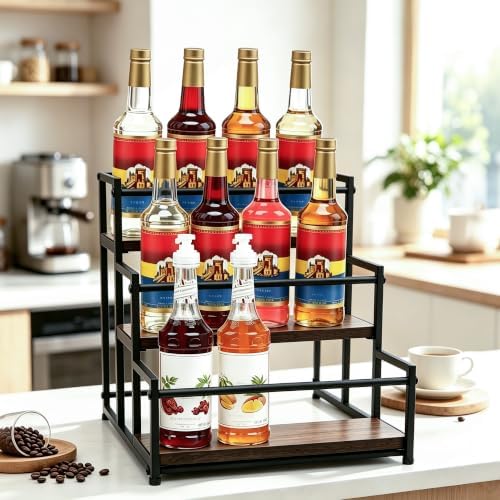 3‑Tier Coffee Syrup Organizer, Metal Countertop Bottle Holder, Holds 12 Standard 25.4oz Syrup Bottles, Rustic Coffee Bar Storage Display Shelf, Cabinet Wine Rack & Kitchen Spice Rack