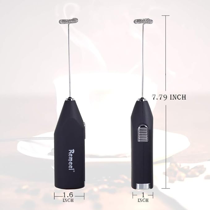 Handheld Milk Frother with Stainless Steel Whisk, Portable and Powerful Foam Maker for Morning Coffee, Latte, Cappuccino, Hot Chocolate (Black)