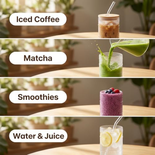 Glass Cups with Lids and Straws, 2 Pack 16 oz Hobnail Iced Coffee Cups with Bamboo Lids, Vintage Borosilicate Glass Tumblers for Water, Juice, Smoothies and Matcha