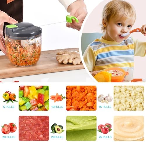 Manual Food Processor Vegetable Chopper, Portable Hand Pull String Garlic Mincer Onion Cutter for Veggies, Ginger, Fruits, Nuts, Herbs, etc., （900ml,Gray-green）