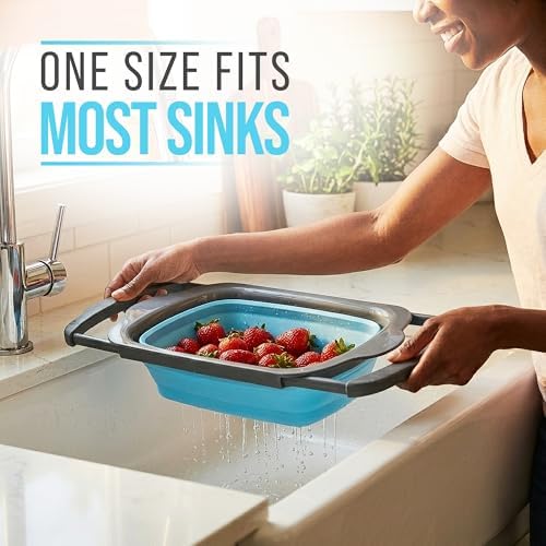 Blue XL Collapsible Silicone Over Sink Colander – 6 Quart
