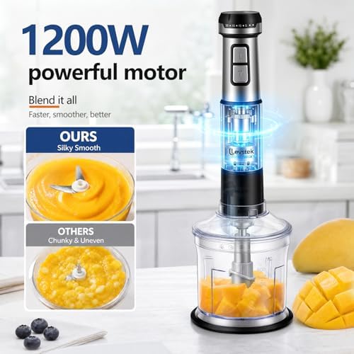 Immersion Hand Blender Set, 1200W 20-Speed Stainless Steel Stick Blender with 7 Accessories, 500ml & 200ml Chopper Cups, Milk Frother, Egg Beater, for Smoothies, Soups Kitchen Essential