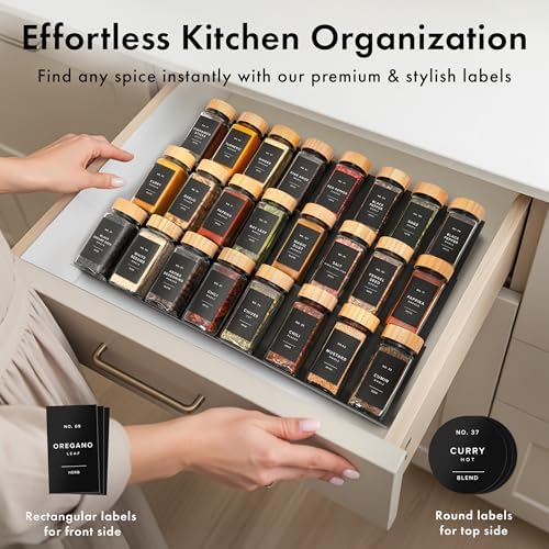 Glass Spice Jars with Label, 24x Bamboo Wooden Lids - Black Labels
