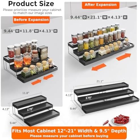 Expandable Spice Rack Organizer - 3 Tier Adjustable Spice Organizer for Cabinet & Countertop - Easy Visibility - Black