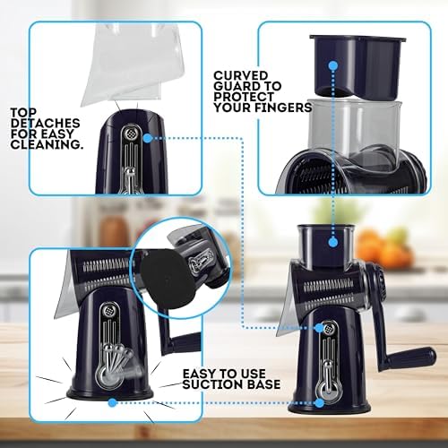 5-in-1 Rotary Cheese Grater with Handle – Stainless Steel Blades, Vegetable Slicer & Shredder, Nut Grinder, Carrot & Cabbage Grater, Easy-to-Clean Kitchen Tool (Purple)