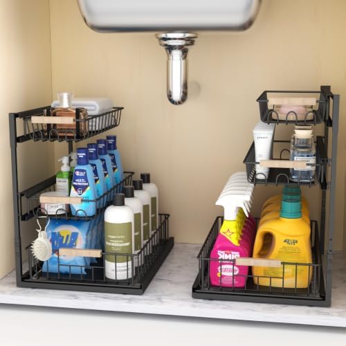 3 Tier Under Sink Organizer, Adjustable Pull Out Metal Storage Drawer