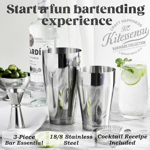 Boston Cocktail Shaker Set, 4-Piece Boston Shaker Tins Bartender Kit with 18oz & 28oz Mixed Drink Shaker, Hawthorne Strainer, Double Measuring Jigger, Cocktail Recipe Cards Included