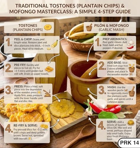 2pcs Pilon Tostonera Kitchen Latin Cuisine Wooden Mortar and Pestle with Natural Wood Plantain Press – Tostones Plantain Smasher Grinder for Fried Bananas, Garlic, Spices, Herbs, Peppers Add Flavor