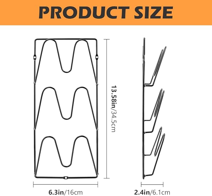 2 Pack Pot Lid Organizer for Cabinet Door, 3 Tier Wall Mount Lid Holder Rack, Adhesive No Drill or Screw Install, Iron Storage for Lids Baking Sheets Cutting Boards, Black