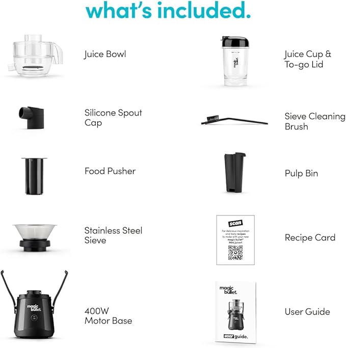 magic bullet Mini Juicer, Countertop Space-Saving, 2" Feed Chute for Fruits and Vegetables, 400W, 16oz Cup, Compact Design, Black, MBJ50100AK