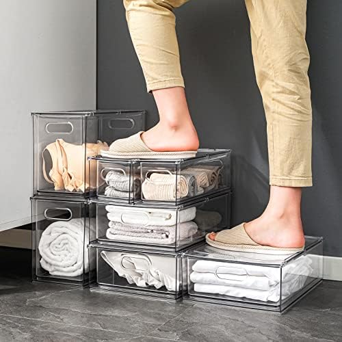 Fridge Drawer Pull Out Stackable Bins with Handle Clear Refrigerator Drawers Organizer Food Storage Container Box Plastic Produce Saver for Pantry, Cabinet, Kitchen, Clothes（4Pack）