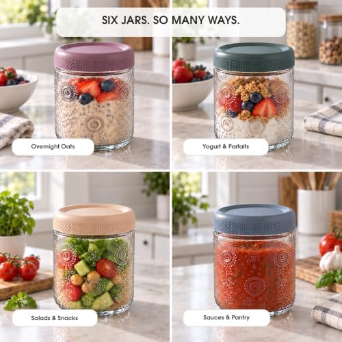 SunBloom 6 Pack 16 oz Sunflower Glass Overnight Oats Jars with Lids, Embossed Floral Food Storage Containers for Yogurt, Oatmeal, Salad, Coffee and Spices