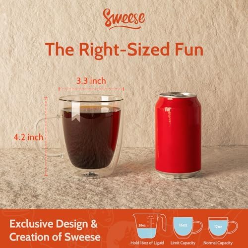 12.5 oz Double Wall Glass Coffee Mugs Set of 2 - Insulated for Espresso, Latte, Tea Beverages