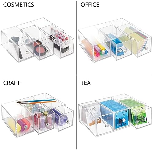 Plastic Kitchen Pantry Stackable Storage Organizer Container Station with 3 Drawers for Cabinet, Countertop, Holds Coffee, Tea, Sugar Packets, Creamers - Lumiere Collection - Clear