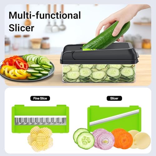 14-in-1 Vegetable Chopper, 7 Blade Multifunctional Food Chopper with Container, Chopper Veggie Cutter for Salad Potato Carrot Garlic, Home Kitchen Essential (Green, 14 in 1) - Image 6