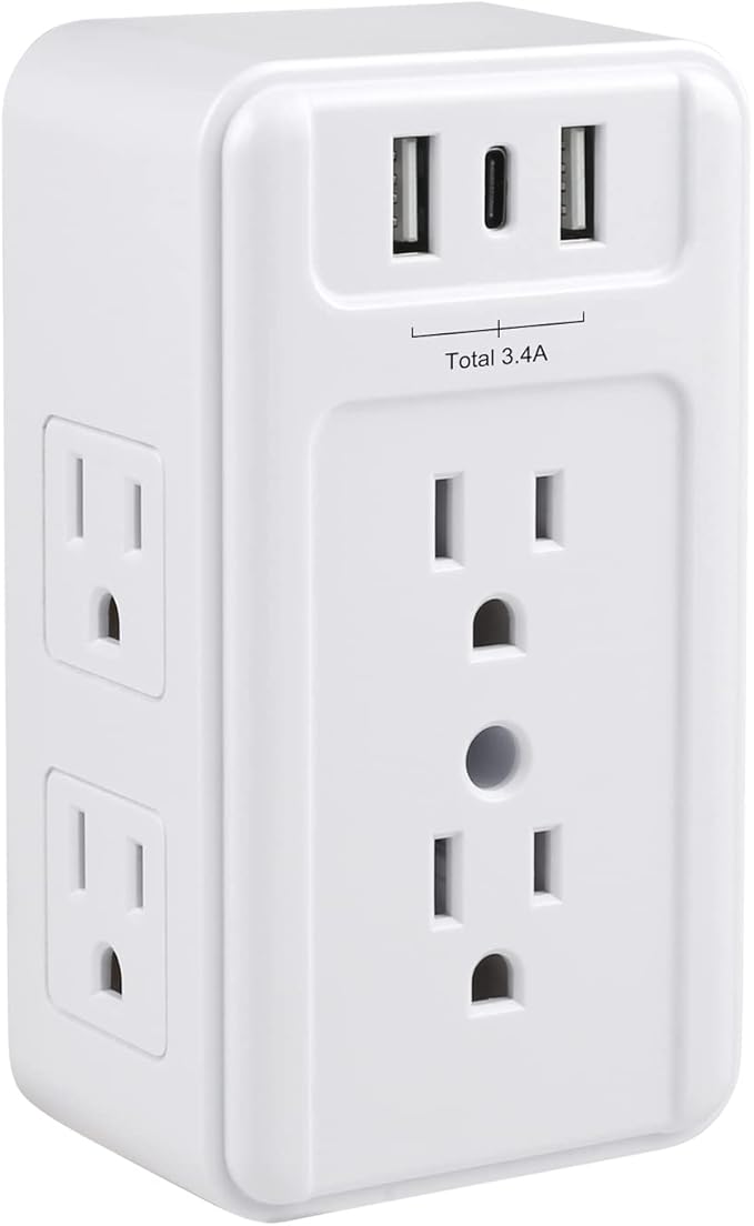 Clear Power Multi Plug Outlet Extender, 6-Outlet Splitter with 3 USB Ports (1x USB-C), 3-Sided Power Strip USB Wall Charger for Home & Office, White, DC3S-1006-DC
