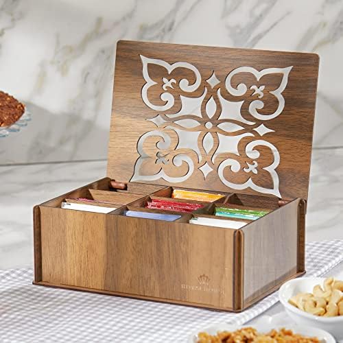 Premium Wood Tea Storage Box Organizer, 9 Compartments Walnut