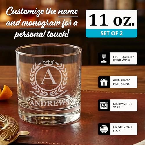 Personalized Whiskey Glasses Set of 2 – Engraved Monogram Bourbon Scotch Groomsmen Dad Gift for Men – Custom Initial Name Old Fashioned Birthday Rocks Glasses (2)