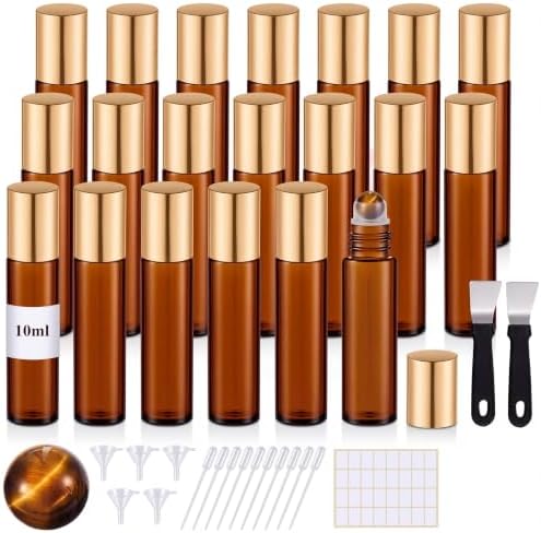 20 Pack Glass Roller Bottles for Essential Oils, 10ml, Gold, Tiger's Eye by Domensi