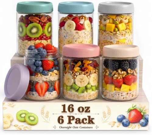Overnight Oats Containers with Lids, 16 oz Mason Jars, Glass Jar with Lid