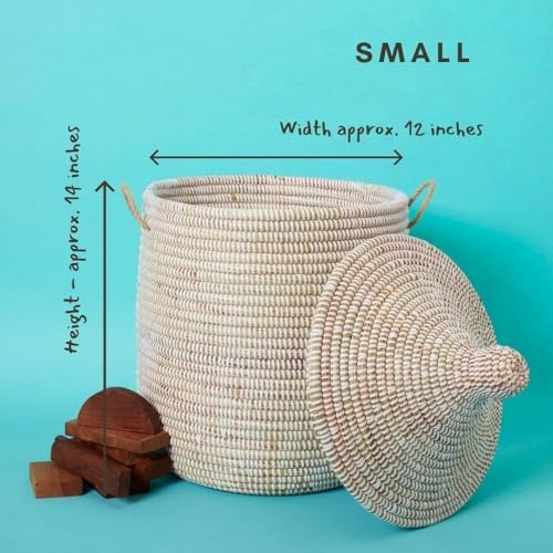 Small White Basket with Lid, African Woven Wicker Basket, Handwoven in Senegal, 12" W x 14" H