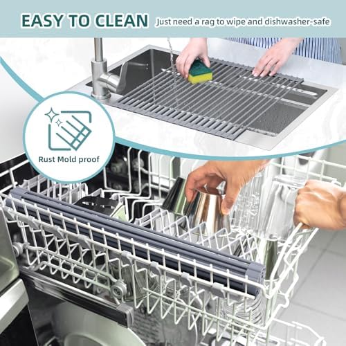 Over Sink Dish Drying Rack Silicone Wrapped 17.6" W x 15.4" L Large Over the Sink Roll Up Dish Drainer - Foldable Sink Drying Rack Rolling Drain Mats Anti-Slip Multipurpose for Kitchen Counter