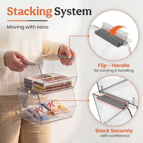 Set of 4 Stackable Storage Bins, 2 Large + 2 Small Clear Plastic Organizer Bins, Open Front Design for Kitchen Pantry, Fridge, Cabinet, Bathroom Organization and Snack Storage