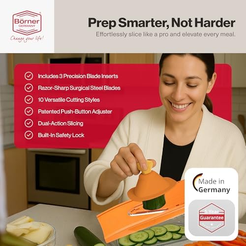 Swissmar Borner V-Slicer Plus Mandoline 5-Piece Set – Professional Kitchen Utensil with Adjustable Inserts – Cuts Potatoes, Cucumbers, Chips & More – Vegetable Slicer with Safety Holder - Orange - Image 5
