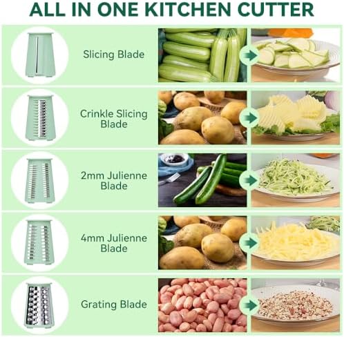 Rotary Cheese Grater 5 in 1 Green - Hand Crank Vegetable Cutter, Shredder, Slicer, Enlarge Input, Suction Base, Labor-Saving Handle, Blade Storage Box, for Onion, Potato, Vegetable, Nuts, etc